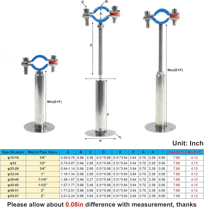 Kodilin 4PCS 304 Stainless Steel Wall Mount Ceiling Mount Pipe Supports,Suitable for OD Pipe 2''(48-51mm),Adjustable Height 100-200mm,Adjustable Pipe Strap Clamp with Screws