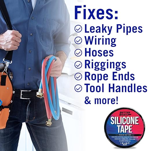 Better Boat Black Heavy Duty Silicone Tape, Self-Fusing Rubber Hose and Plumbing Water Pipe Repair Seal, Coax Electrical or Waterproof Tape for Leaks, 40ft