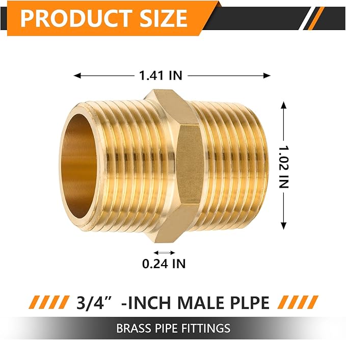 10-PCs HeSun Brass Hex Nipple Pipe Fitting, 3/4" NPT Male x 3/4" NPT Male Nipple Pipe Adapter(NPT014)