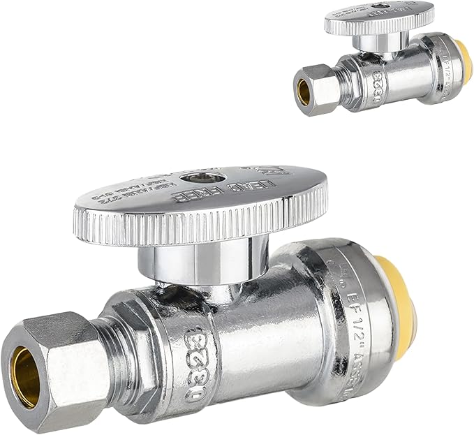 HeSun 50-PCs Push-Fit Straight Stop Valve, 1/2" Push x 1/4" OD Compression Straight Stop, 1/4 Turn Water Shut Off Valve for Bathroom with Disconnect Clip Tool