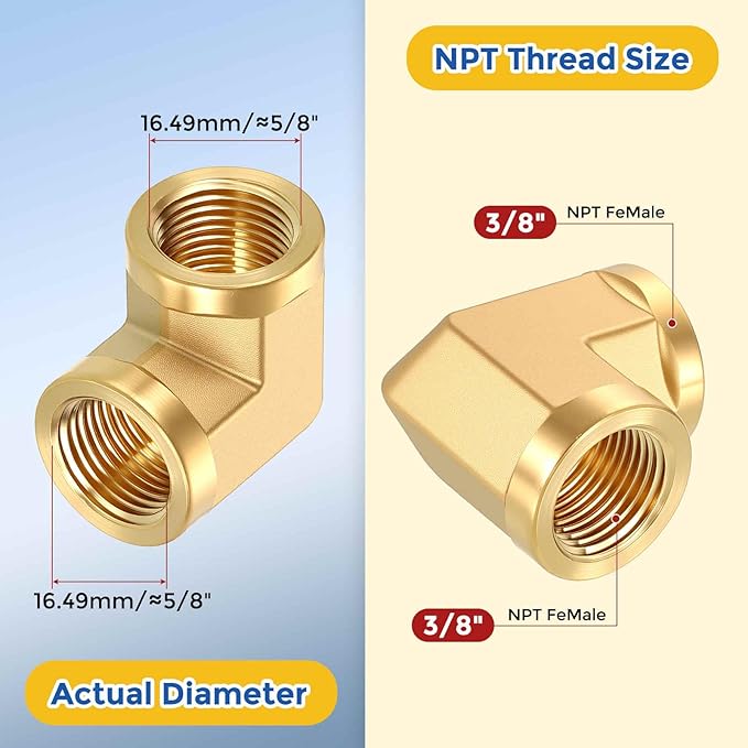 5 Pack Brass Pipe Fittings, 90 Degree 3/8" FeMale NPT to 3/8" FeMale NPT Barstock Street Elbow with Sealing Tape, Forged Pipe Fitting Connector for Air, Oil, LP