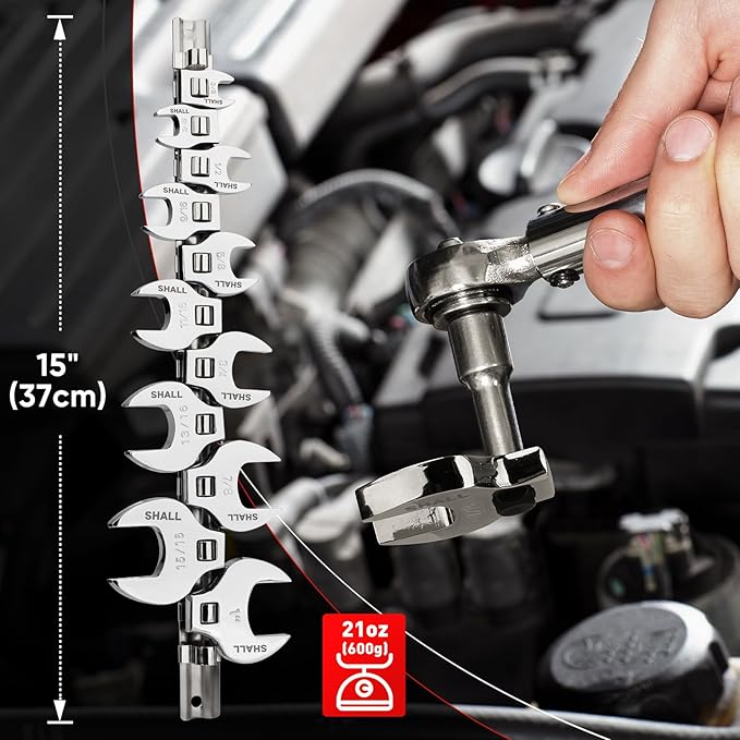 SHALL 3/8" Crows Foot Wrench Set, 11-Piece SAE Crowfoot Wrench Set with Clip-on Organizer, 3/8"-1", Tools for Mechanics, Access Fasteners in Tight Spaces