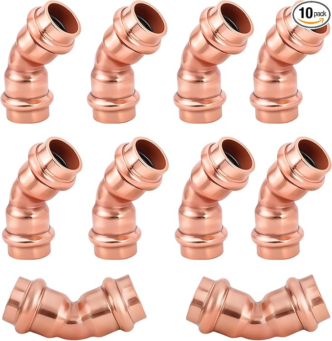 Copper Press Fittings 1/2 Inch 45-Degree Elbow, No-Lead Plumbing Pipe Connector | Compatible with Copper Pipes, Water Supply & Hydronic Heating Systems | Durable Press Fit Design, 10-Pack