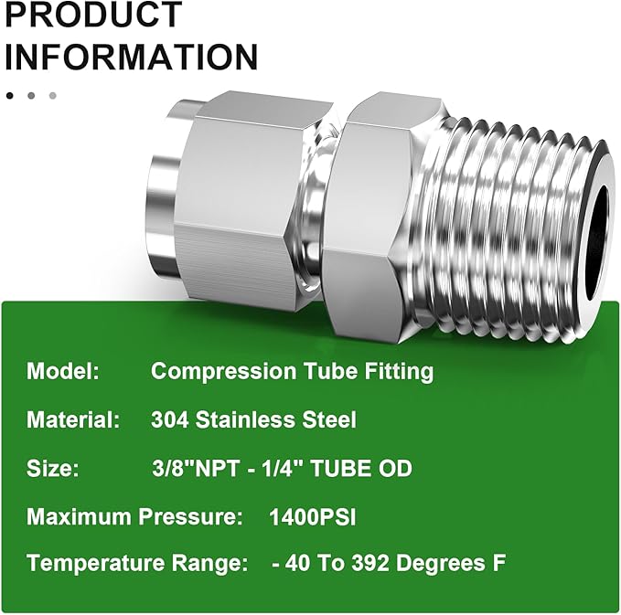 TAISHER 5PCS 304 Stainless Steel Compression Tube Pipe Fitting Connector, 1/4" Tube OD x 3/8" NPT Male Straight Adapter