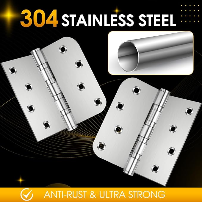 304 Stainless Steel Door Hinges 4 inch X 4 inch Heavy Duty Ball Bearing Non Removable Pin Door Hinges with Square and 5/8'' Radius 3 Pack