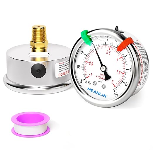 MEANLIN MEASURE -30inHG~30Psi Vacuum Pressure Gauge 1/4" NPT 2.5" FACE DIAL, Stainless Steel Liquid Filled Pressure Gauge WOG Water Oil Air Center Back Mount (with 2PCS Snaps)