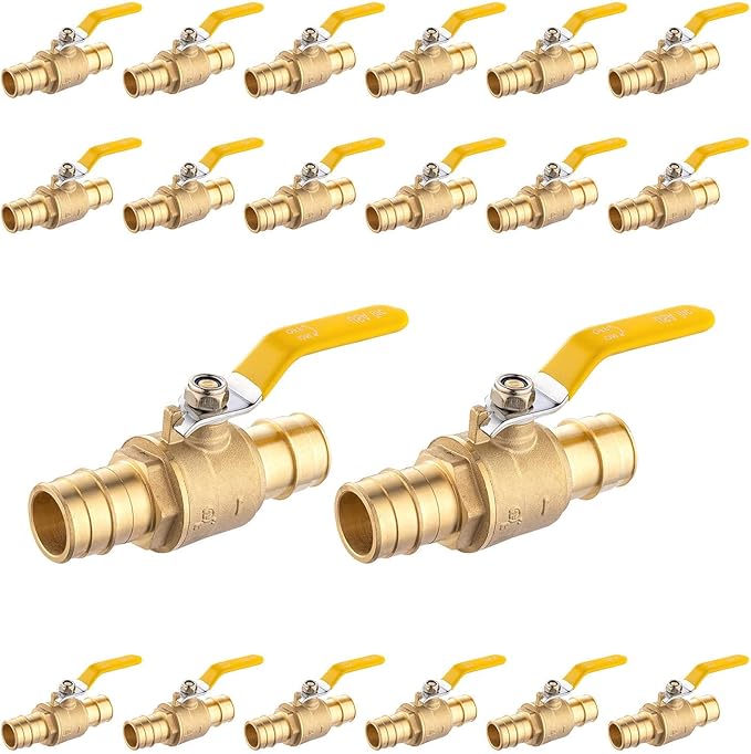 20-Pack Foskan 1" Brass PEX-A Ball Valve with Yellow Handle, Quarter Turn Full Port Valve for PEX-A Pipe Connection