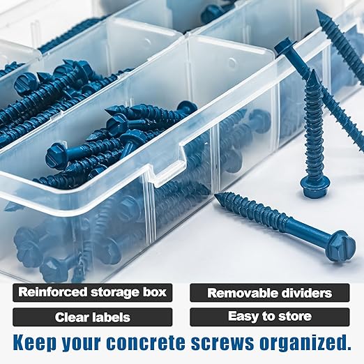 200Pcs Concrete Screws with Drill Bit and Driver bit, 3/16" 1/4" Hex Head Concrete Cement Screws Assortment Kit for Anchoring to Masonry, Block or Brick Stucco, Length 1-1/4" to 2-3/4"