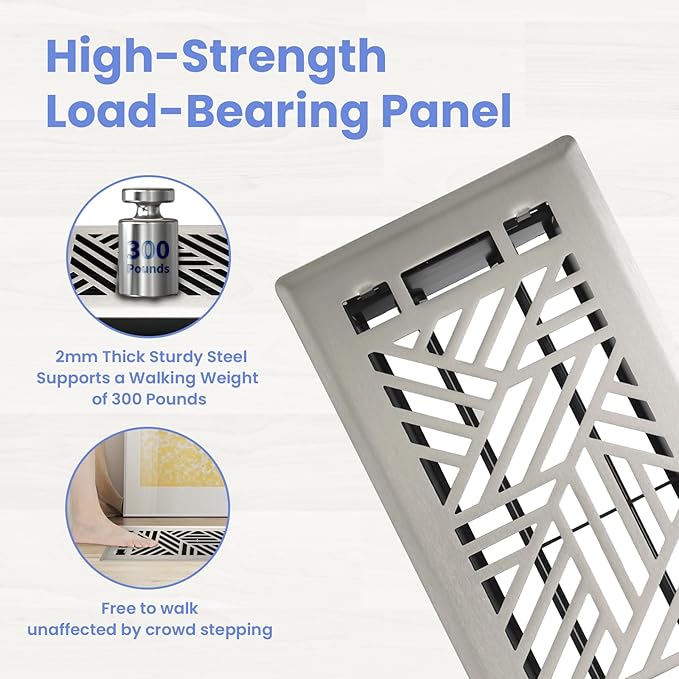 4x10 Inches 2 Pack Heavy Duty Walkable Floor Register Easy Adjust Air Supply Lever Floor Vents - Brooklyn Design - Vent Cover for Home Floor - Satin Nickel