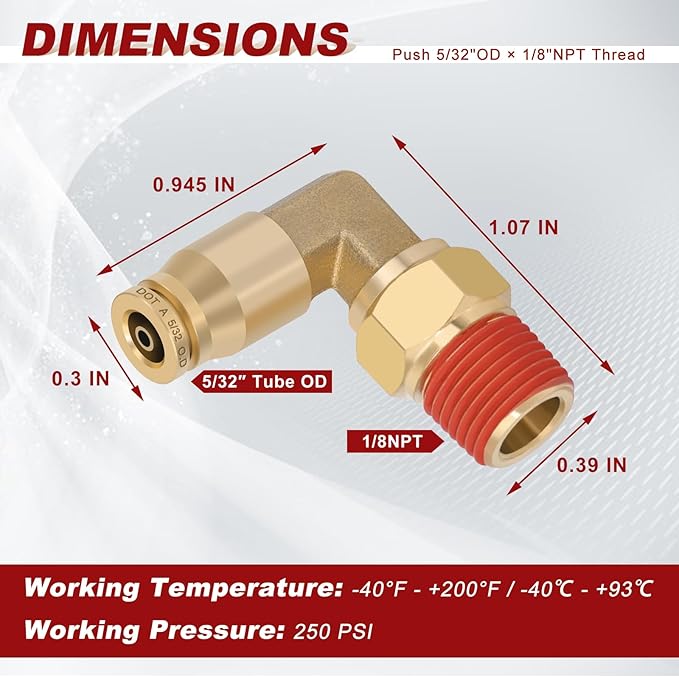 5/32" Quick Push to Connect Fittings Brass 90 Degree Union Swivel Elbow Joint DOT Approved 5/32" Tube OD x 1/8" NPT Thread Air Brake Line Adapter Air Suspension Kit for Car Truck Trailers 2pcs