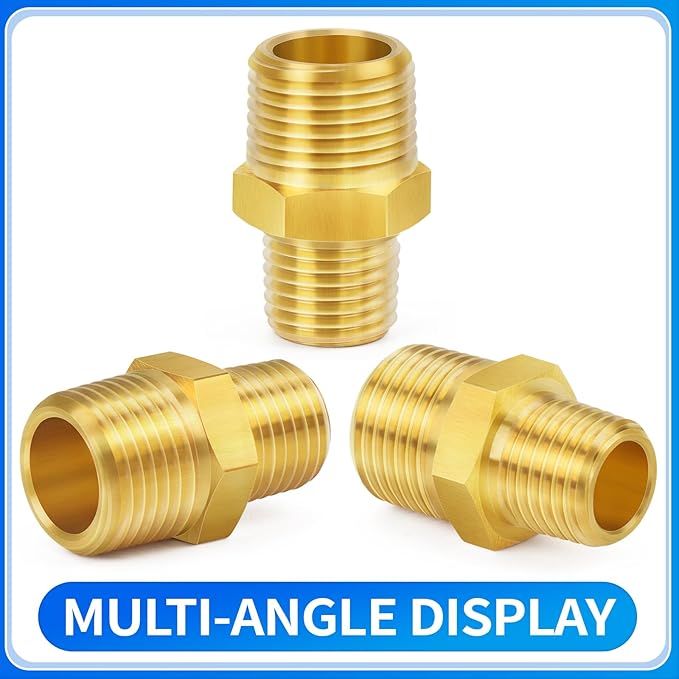 ChillWaves Brass Pipe Fitting, Reducer Hex Nipple 1/2" NPT Male x 1/4" NPT Male Thread Adapter(3-PACK)