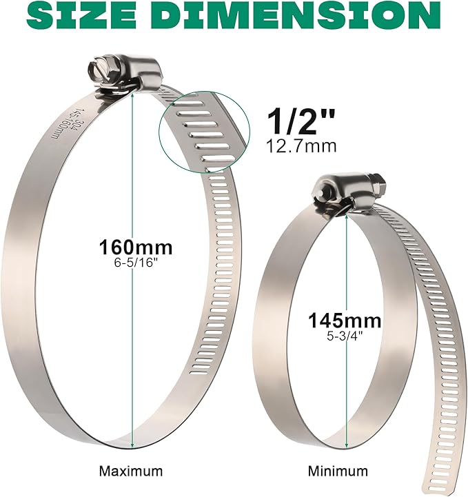 10Pack 6 inch Hose Clamp,Stainless Steel Large Hose Clamps Adjustable from 5-3/4"-6-5/16"/145-160mm,Metal Worm Drive Gear Duct Clamp for Air Ducting,Dryer Vent Hose,Fuel Line,Plumbing,Automotive