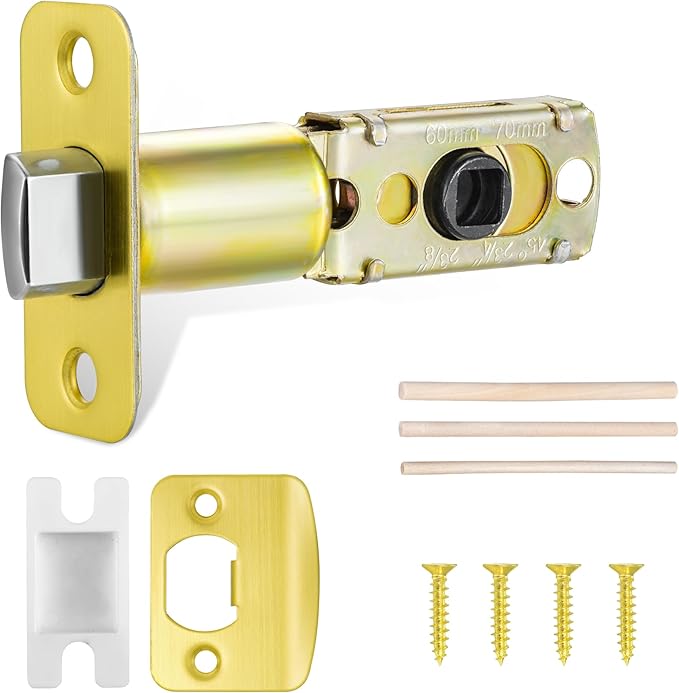 Satin Brass Adjustable Door Latch 60 or 70mm, 45° Turning Angle, Door Lock Replacement Parts with Door Strike Plate, Wood Dowel, Dust-Boxes