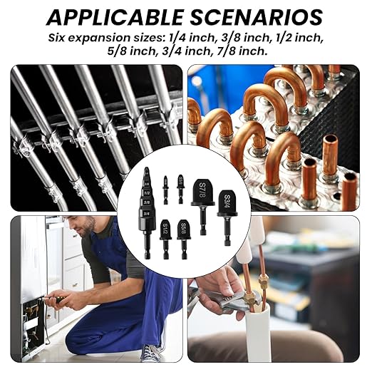 7 Sets HVAC Copper Tube Flaring Tool Drill Bit Set, Swaging Tube Repair 5 in 1 Air Conditioner Copper Pipe Expander Flaring Swaging Drill Set with 1/4'', 3/8'', 1/2'', 5/8'', 3/4'', 7/8' Bits, Black