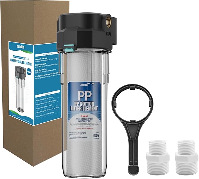 Whole House Water Filter Housing, Fit 10"x2.5" Sediment etc Filters for Well and City Water, Pre-Filtration System for Home, 1/2" Brass Portand includes a 3/4 inch adapter, R-Type O-Ring, Bracketless