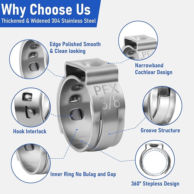 Kodilin 70-Pack 3/8 Pex Crimp Rings, Heavy-Duty 304 Stainless Steel Single Ear Pex Clamps Wider & Thicker Pex Cinch Clamps for Superior Grip & 360° Seal, Fits PEX Tubing Pipe Fitting Connections