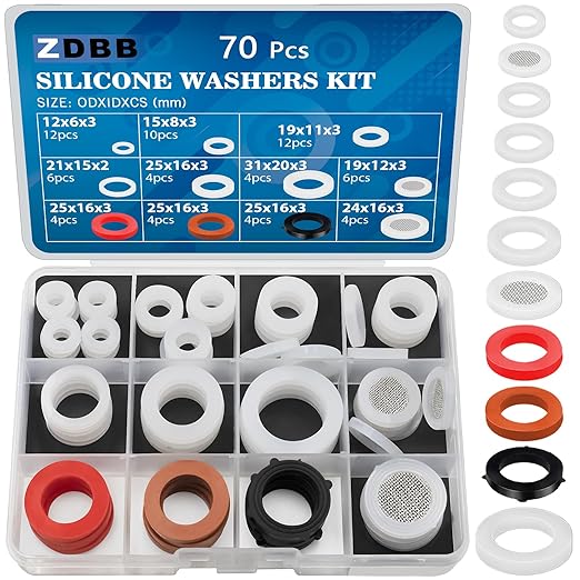 70 Pcs Plumbing Silicone Gasket Assortment Kit VMQ Silicone Washer Food Grade for Assorted Shower Head Garden Hose High Temperature Hot Plumbing Pipes Fittings Seal Repair