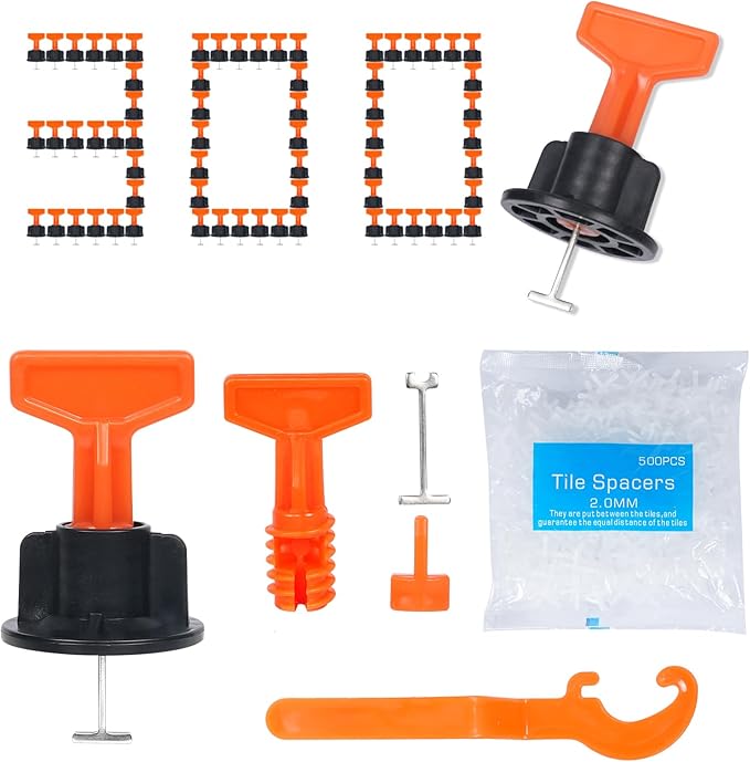 Reusable 1/16" Tile Leveling System Kit (300pcs) w/ 1500 1/12" Cross Spacers + 6 Wrenches & 40 Steel Pins - Professional Floor Installation Tools (300, 1/12)