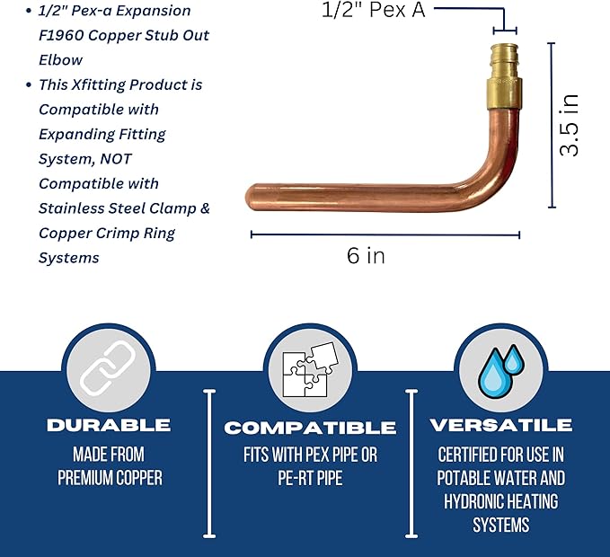 XFITTING 1/2 inch Pex A Expansion Stub Out Elbow 3.5 inch x 6 inch, F1960, Copper, 30-3-5=5X, 5 Pieces