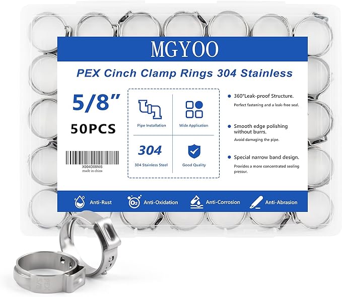 5/8 inch PEX Clamps - 50pcs Stainless Steel PEX Fittings Cinch Clamp Rings