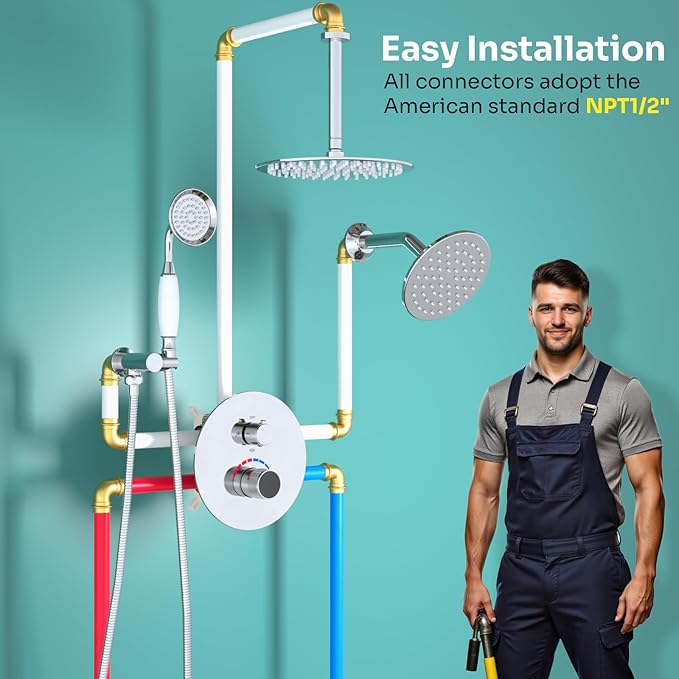Temperature Display Shower Valve 3 Way Brass Rough-in Mixer and Round Trim Kit, Triple Function Digital Shower Diverter, Chrome