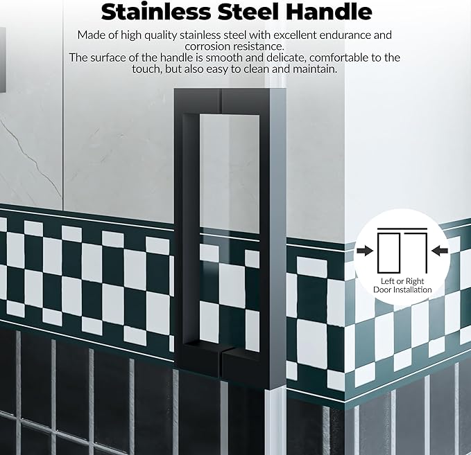 Frameless Sliding Shower Door - 56 to 60 Inch Adjustable Width x 76 Inch Height, 8mm Tempered Glass with Soft Close & Easy-Clean Coating, Stainless Steel Round Rail & 55 Rollers, Matte Black Finish