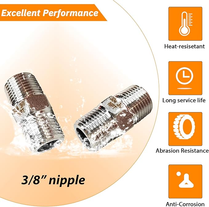 4PCS Hex Stainless Steel Nipple 3/8"NPT Male X 3/8" NPT Male Pipe Fitting 3/8 inch Stainless Steel Pipe Nipples Male Pipe Adapter Fittings Heavy Equal Nipples Connectors