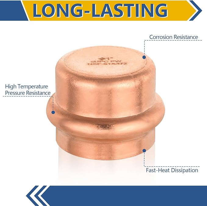 50-Pack GUOFIS Copper Press End Cap, 1" x 1" Plug Fittings for Copper Tube Connection with Stop(PRESS021-50Pack)