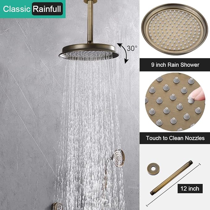 Antique-Brass Shower Faucet-Sets Fixtures: 9 inch Ceiling Rain Head with Handheld Spray and Body Jets, 3 Way Diverter Rough in Valve System included Trim Kit
