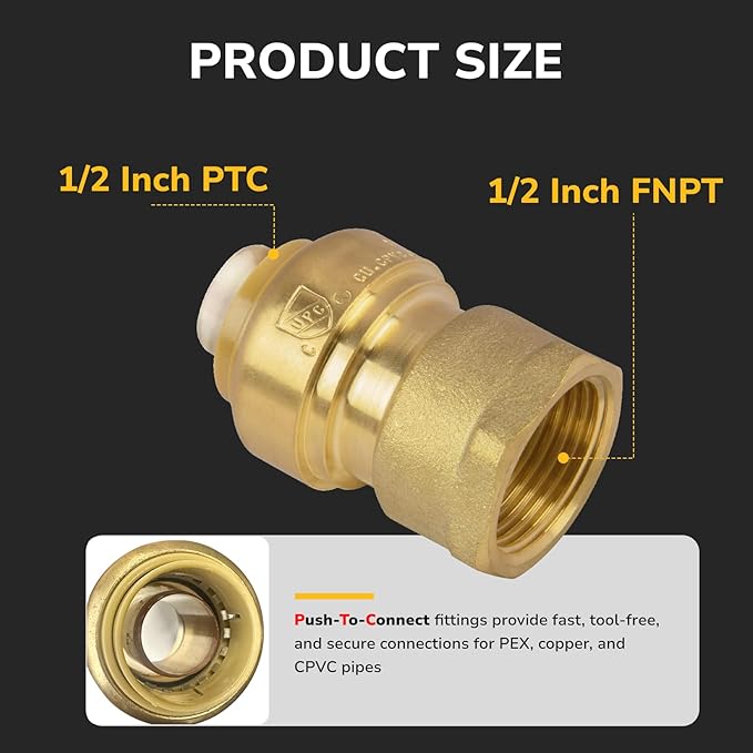 1/2" PTC to 1/2" NPT Female Adapter Push-Fit, Push to Connect Brass Plumbing Fitting for Copper, CPVC, PEX Pipes, With Upgraded Stiffener, Disconnect Clip Included, NSF & UPC Certified