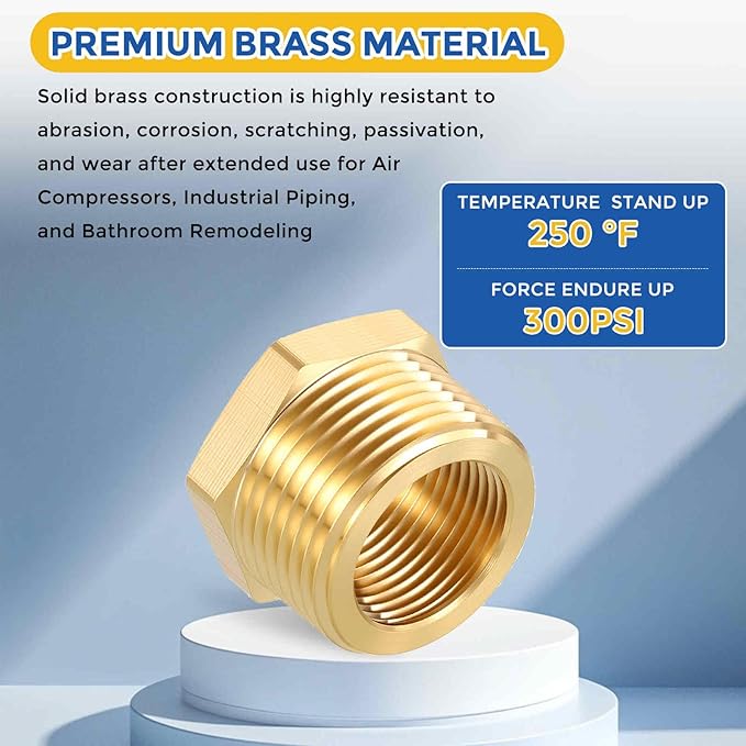 5 Packs Brass Pipe Fittings, 1" Male NPT to 3/4" FeMale NPT Brass Hex Bushing Reducer, Hose Tube Threaded Adapter for Air, Oil, LP