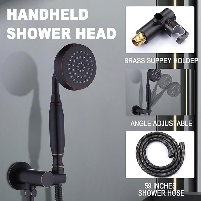 Enga Antique Shower Faucet Sets Dual Heads with 4 Body Jets, 8" + 6" Ceiling & Wall Mount Vintage Shower Head with Handheld Spray Combo, 4 Way Diverter Brass Valve, Matte Black