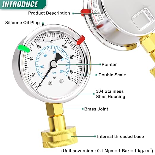 0-150PSI Stainless Steel Water Pressure Glycerin Filled Gauge, 2.5" Dial Size, 3/4" Brass Female Lower Mount, with Sealing Ring, Home Water Pressure Tester (with Range Mark Pointer)