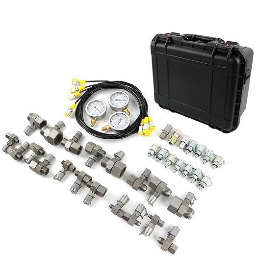 Hydraulic Pressure Test Coupling Kit, JIC BSPP ORFS Hydraulic Swivel Run Tees Set Repair Tools for Most Excavator Construction Machinery 3 Gauges 4 Test Hoses 14 Couplings 19 Tee Connectors