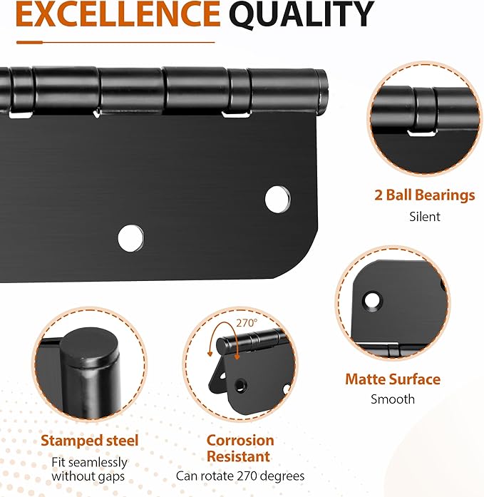 3.5 Inch Ball Bearing Door Hinges, 3-Pack Matte Black Heavy Duty Stainless Steel, 5/8" Radius Corner, Non-Removable Pin for Smooth Quiet Operation - Commercial Grade for Interior/Exterior Doors