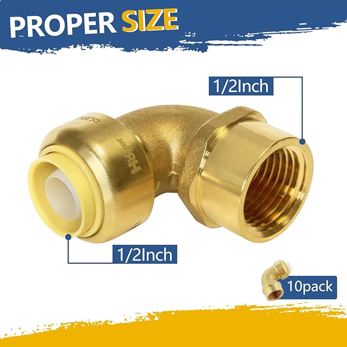 Push-fit Female Elbow,1/2" x 1/2" FNPT Female Threaded Elbow with Disconnect Clip, Push Fittings for Copper, PE-RT, CPVC Pipe(Pack of 10)(PF161)
