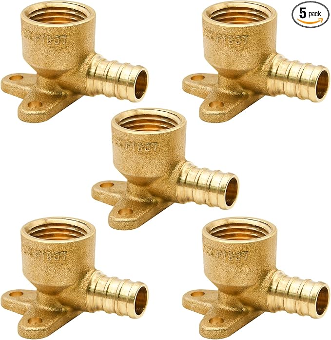 5 Pack Drop Ear Elbow Fittings, PEX 1/2" x 1/2" NPT Female Threaded Adapter Crimp Fitting, Brass, Full Port for PEX pipes in plumbing jobs