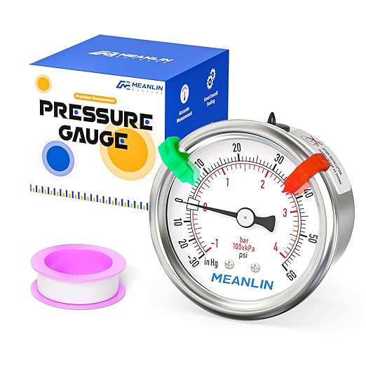 MEANLIN MEASURE -30inHG~60Psi Vacuum Gauge Stainless Steel 1/4" NPT 2" FACE DIAL Waterproof for Air Compressor HVAC Negative Pressure Hand Pump Pool Center Back Mount (with 2PCS Snaps)