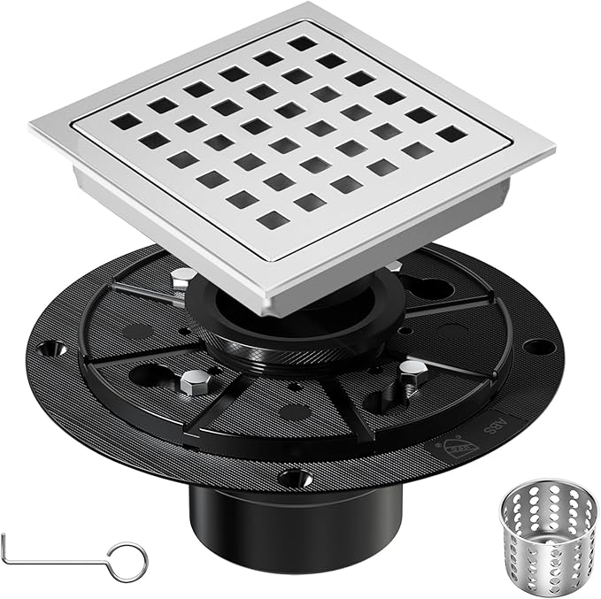 4-1/3 Inch Square Shower Floor Drain with Removable Cover Grid Grate, SUS 304 Stainless Steel, Watermark&CUPC Certified, Chrome Finished (Chrome, 4 in)
