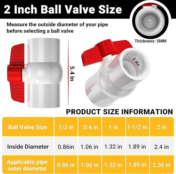 2 Pack 2'' NPT PVC Ball Valves, Red T Handle with Shut-Off Valve Socket, SCH40 Water Pipe Valve Threaded (NPT) for Water Project, Swimming Pool,Sewage Pump, Outdoor Plumbing & Irrigation System