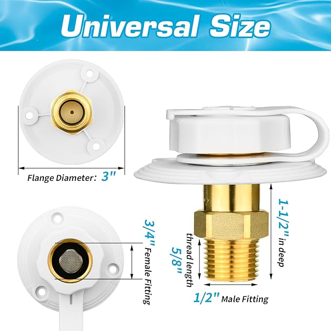 RV City Water Inlet with Brass Check Valve, Fresh Water Fill Flange for Camper Hookup, Durable RV Water Replacement Connection Fittings, White