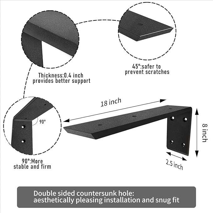 Heavy Duty Metal Countertop Brackets 18 Inch L Shape Countertops Floating Shelf Brackets 0.4 Inch Thick Granite Countertops 18"x8"x2.5" for Quartz/Granite/Wood/Concrete/Laminate Countertops (4pack)