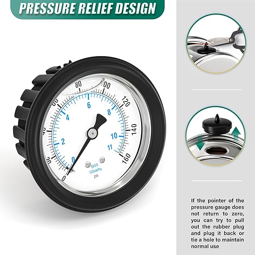 0-160PSI Stainless Steel Liquid Filled Pressure Gauge, 2.5" Dial Size, 1/4" NPT Back Mount, with Rubber Protective Sleeve, for Tube, Water Pump, Gas, Liquid, Pressure Test