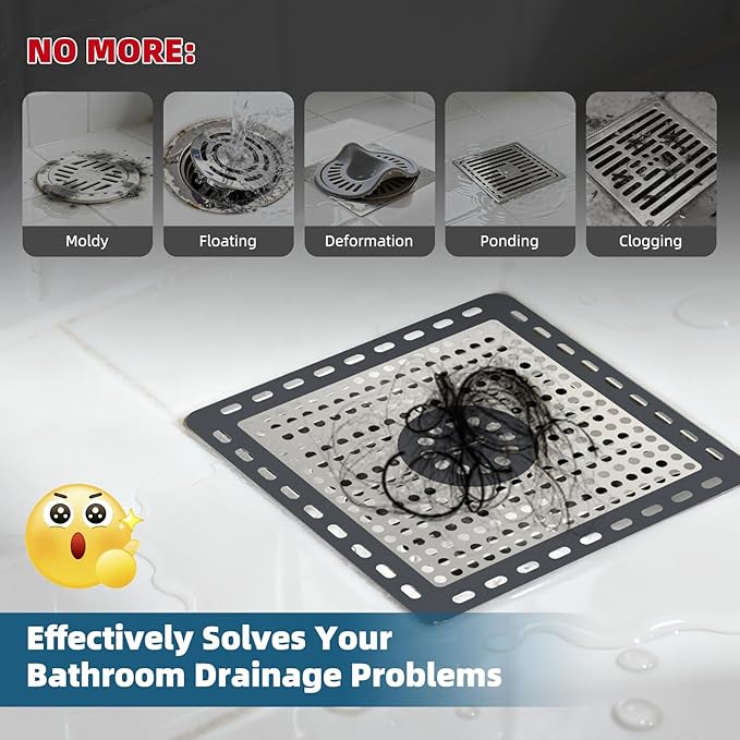 Hibbent 2 Pack Shower Drain Hair Catcher, Shower Drain Cover for Bathroom Floor 6" Drain, Anti-Clogging Bathtub Drain Strainer, Stainless Steel Kitchen Sink Drain Strainer with Handle, Dark Grey