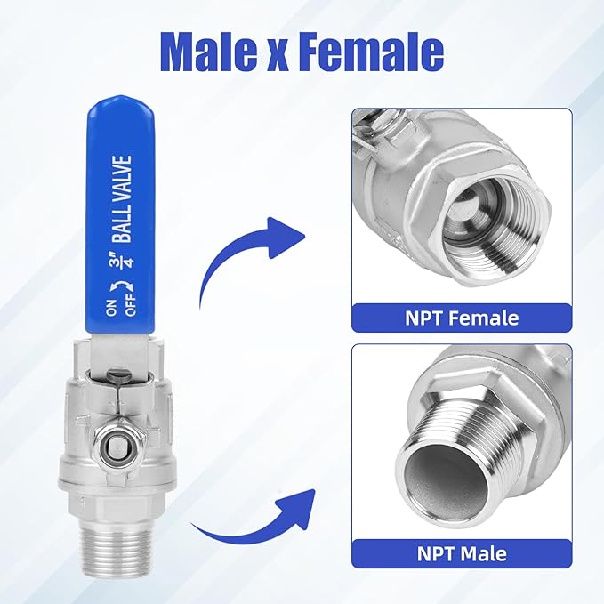 YADIAN 4 Pack Full Port 3/4'' Ball Valve NPT Male x Female Heavy Duty 304 Stainless Steel with Blue Vinyl Insulation Handle and Locking Device for Water, Oil, and Gas, 1000WOG (3/4'' NPT, Pack of 4)