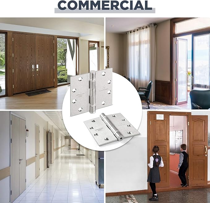 Satin Chrome 4.5 Inch Commercial Hinges Square Radius Corners Brushed Silver Door Hinges 4 ½"x 4 ½" Ball Bearing Door Hinges for Interior Exterior Door - 3 Pack