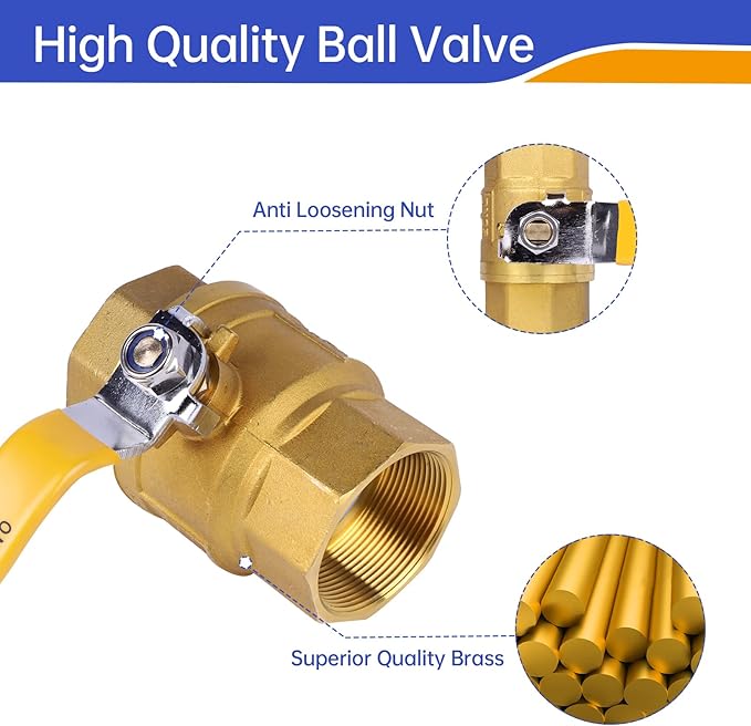 YADIAN 2" Ball Valve Brass NPT Female Full Port with Yellow Vinyl Insulation Handle, Heavy Duty Water Shut Off Ball Valve 2inch, NPT Female, 600 WOG (2 Inch NPT, Pack of 1）