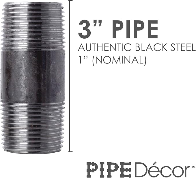 PIPE DECOR 1" x 3" Black Steel Plumbing Pipe, 6-Pack, Pre Cut Connector, Industrial Steel Grey Fits Standard One Inch Threaded Black Malleable Iron Fittings, Build Vintage DIY Furniture