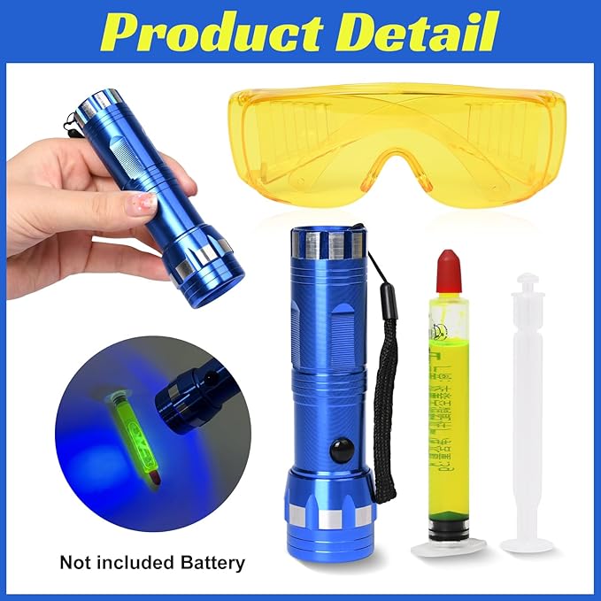 Car AC Leak Detector Kit, Professional Car Tool Automotive AC UV Dye Leak Detection Kit includes LED Flashlight and Fluorescent Protective Glasses with Box for Car Refrigerant Leak Detector Tool