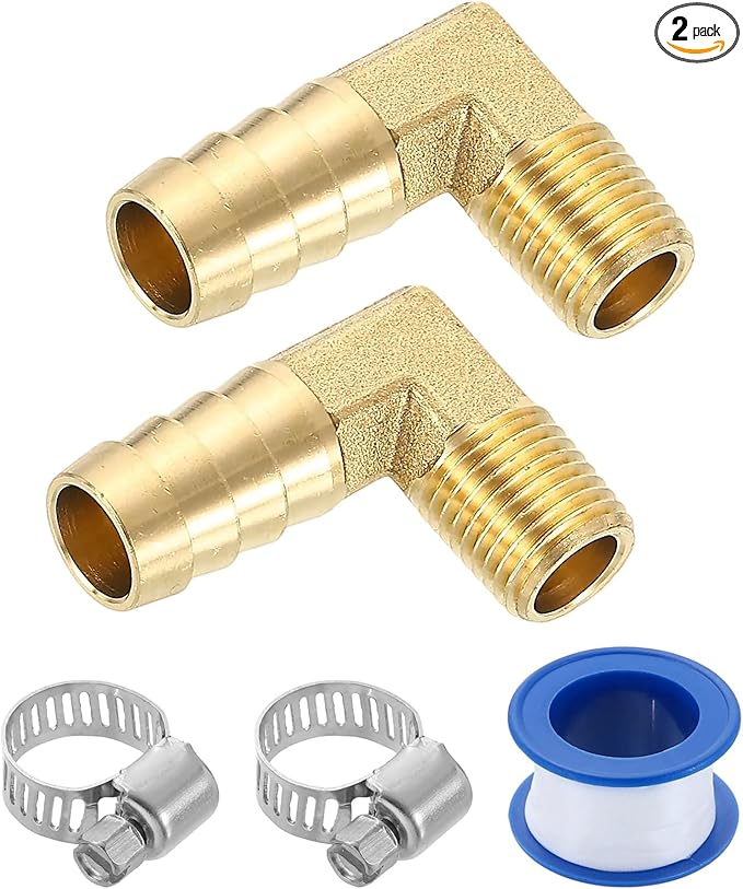 uxcell 2Pcs Brass Hose Barb Fittings, 1/2" x 1/4" NPT 90 Degree Elbow Hose Connector with Hose Clamps for Water Fuel Gas Oil Transportation